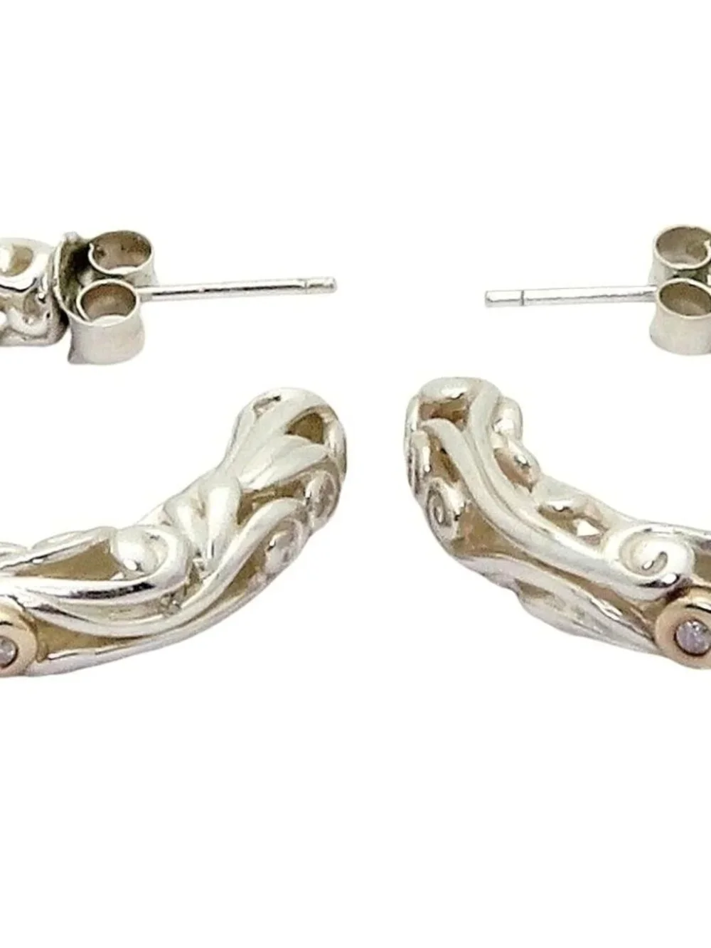 Vintage ATR 925 Sterling Silver & 14K Gold Diamond Filigree Hoop Earrings 10.3g
